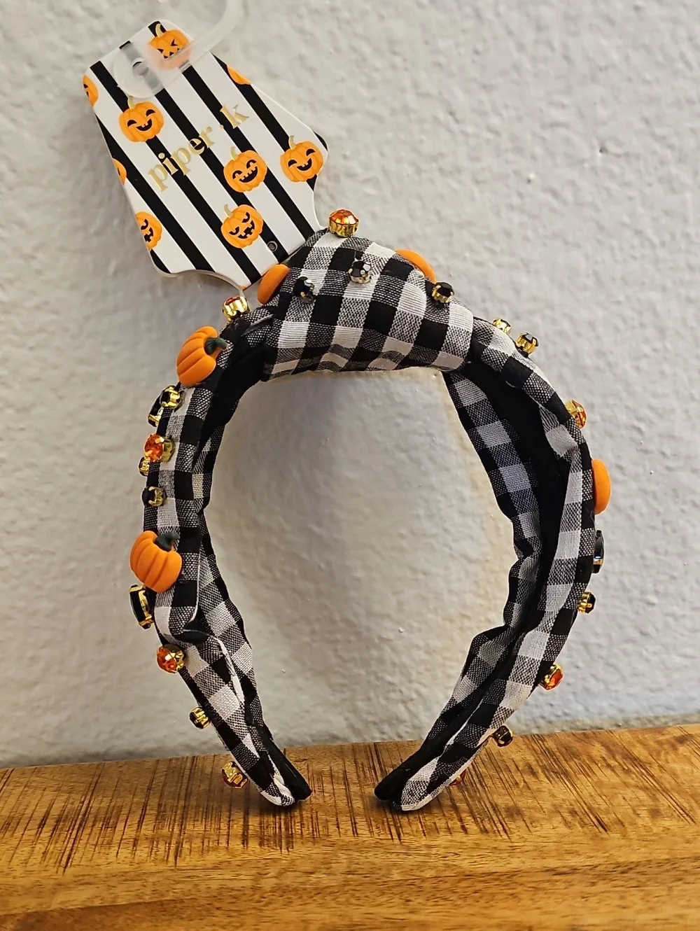 NWT Piper K Halloween Gingham Knotted Jeweled Headband Pumpkin Crystal Plaid